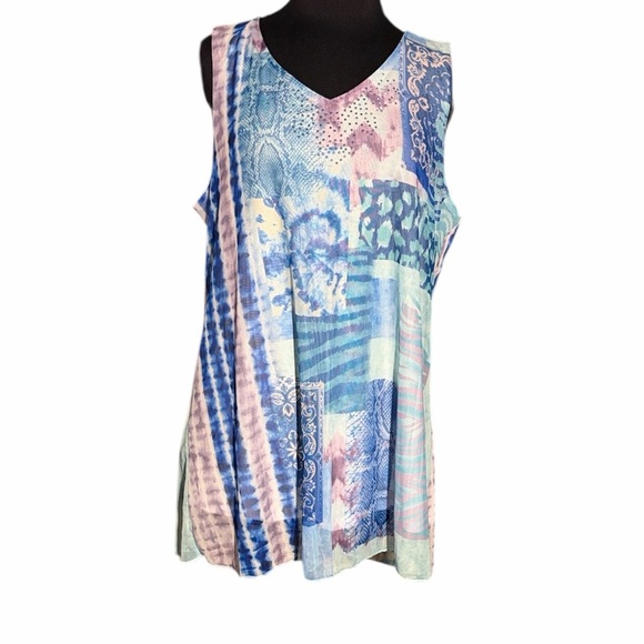 ONE WORLD Tops - ONE WORLD Life and Let Live Blue and Pink Patchwork Layered Tunic Dress Cover up